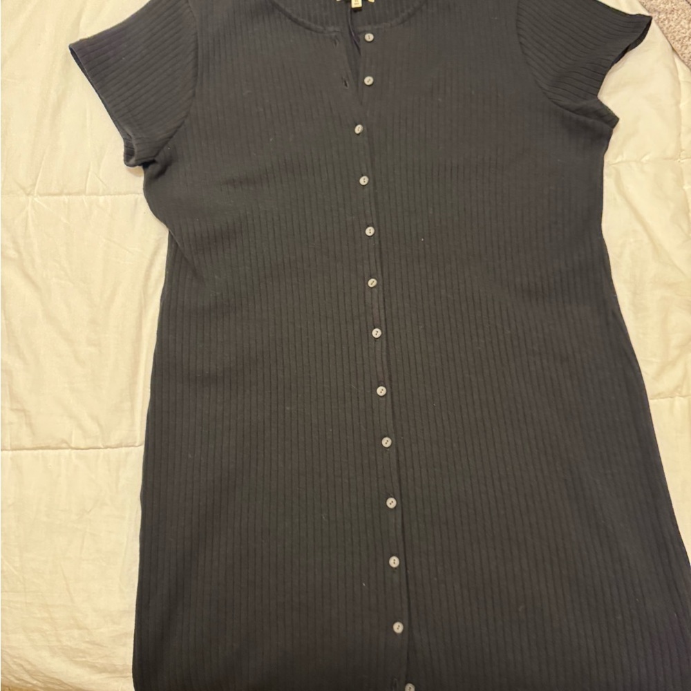 Madewell Black Short-Sleeve Ribbed Button-Front Mini Dress - Picture 3 of 7